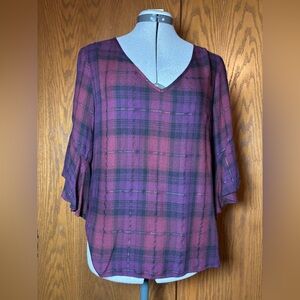 a.n.a Burgundy and Black Checkered V-Neck Blouse - large